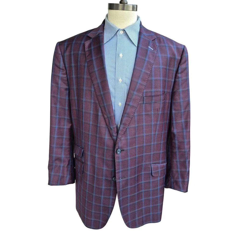 J. Hilburn Burgundy Blue Plaid Wool Sport Coat Blazer Portugal Custom 50 R L‎
